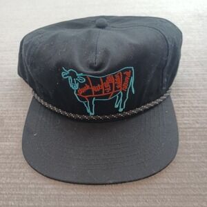 Raised By Coyotes Snapback Rope Trucker Hat Embroidered Butcher Cow Graphic